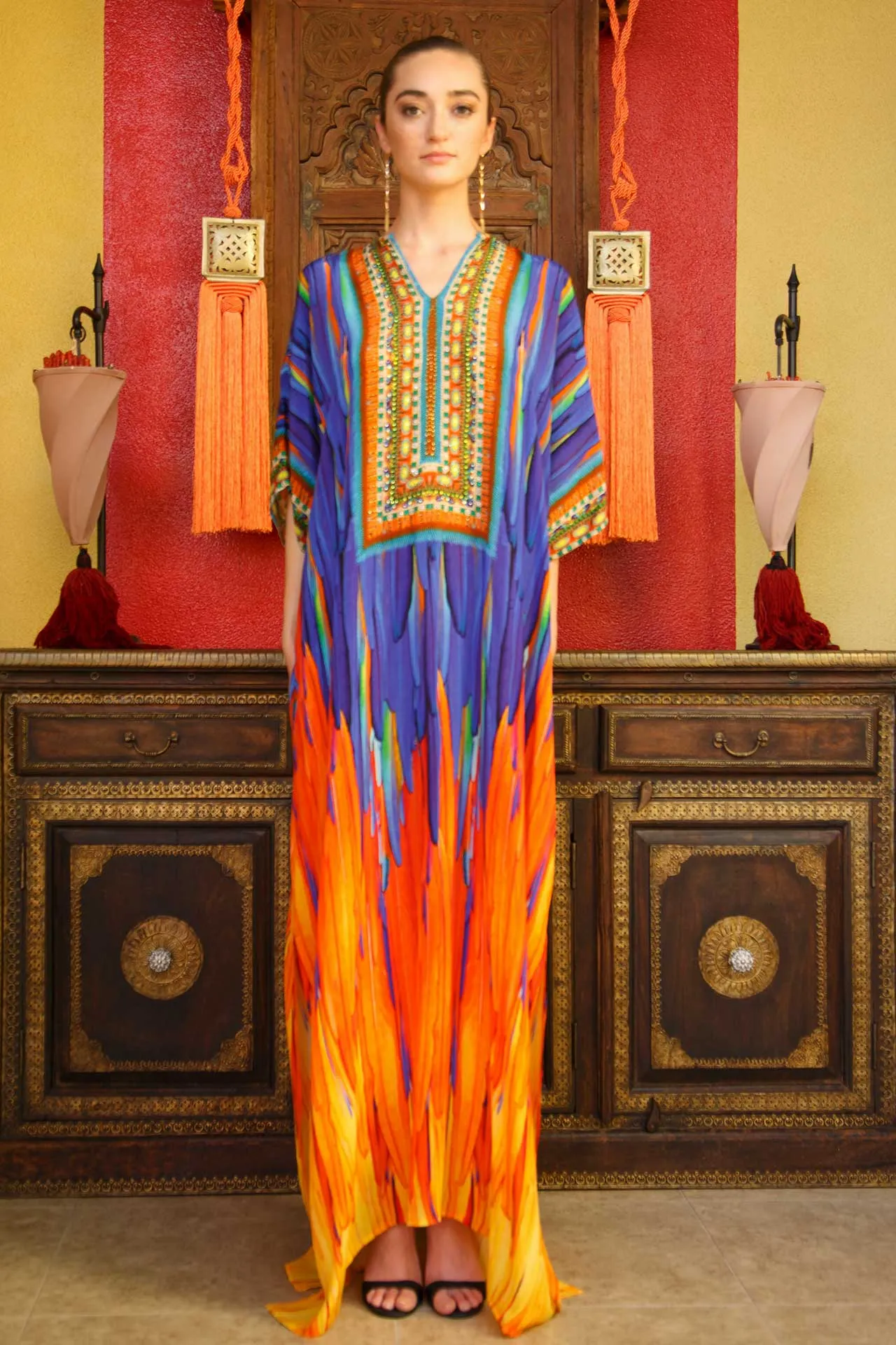 Feather Print Kaftan Maxi