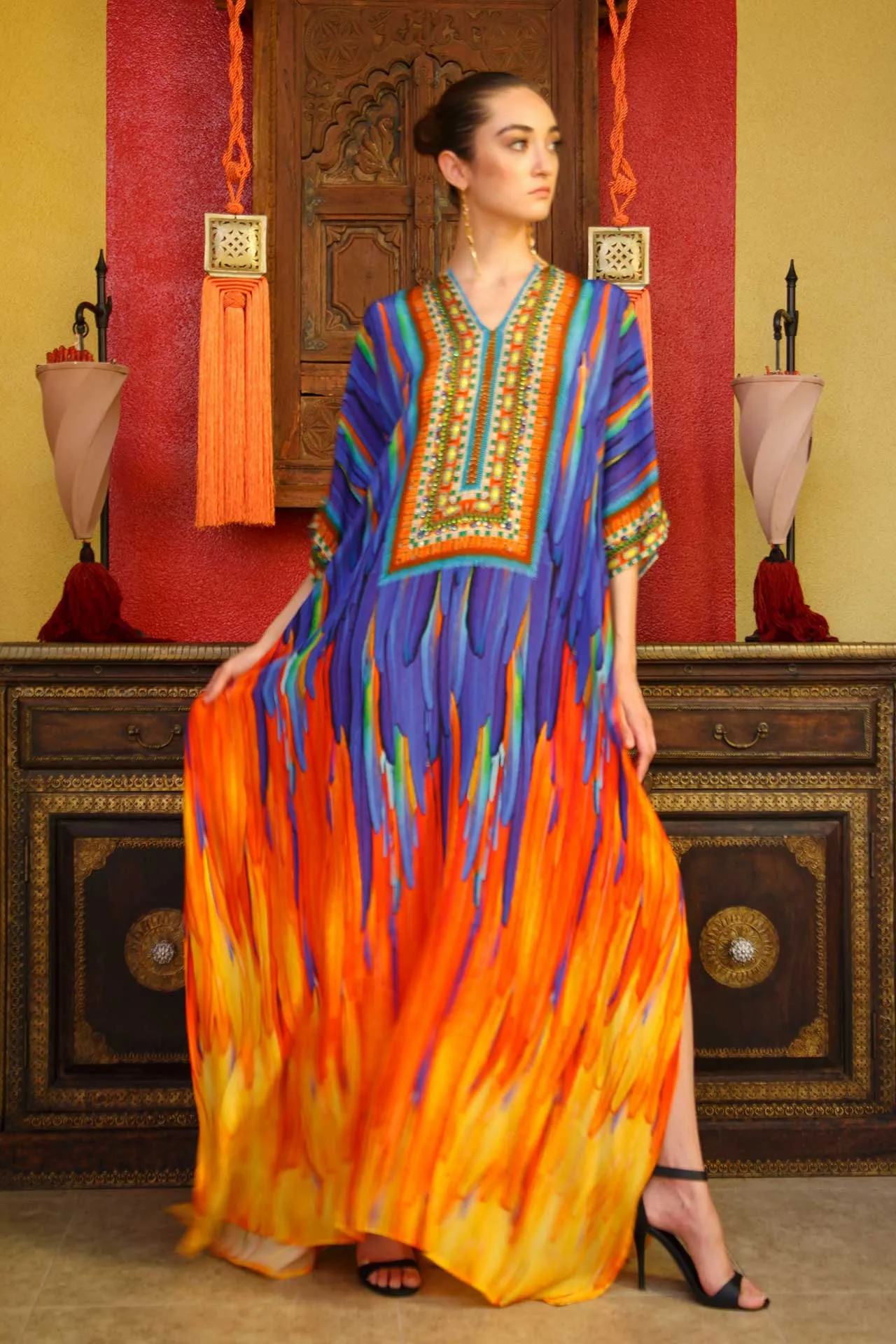 Feather Print Kaftan Maxi