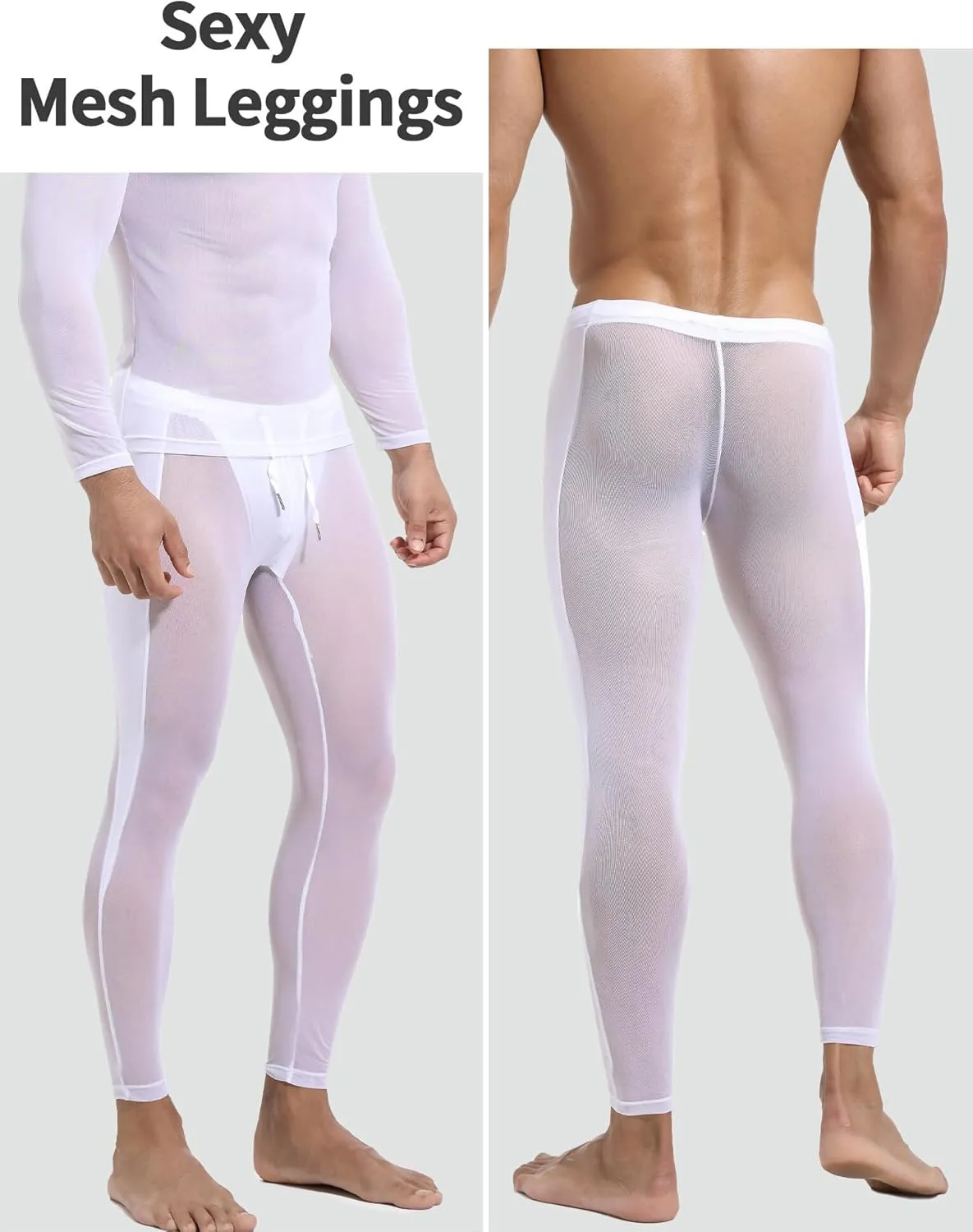 FEOYA Mens Mesh Pants See Through Compression Tights Leggings Transparent Sheer Capris Trousers Sports Sweatpants