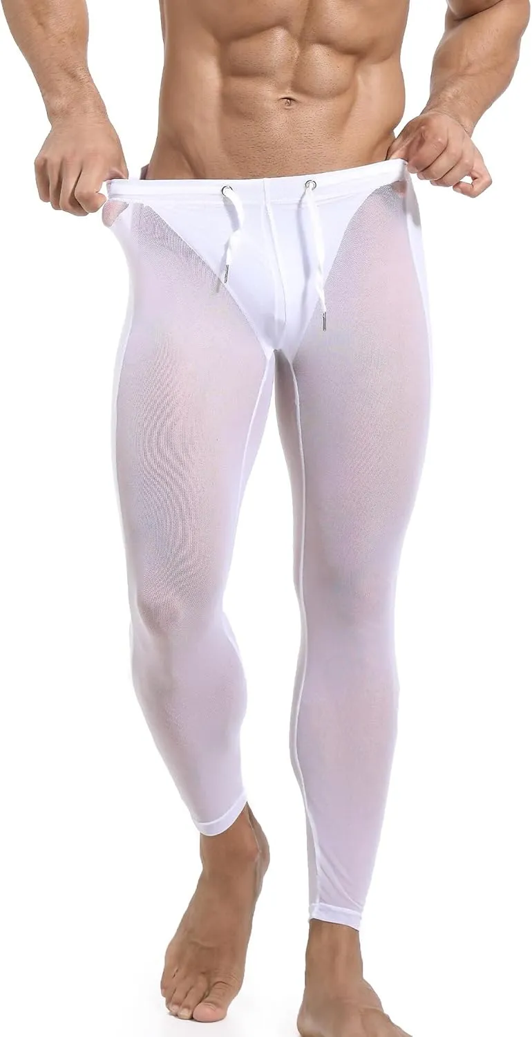 FEOYA Mens Mesh Pants See Through Compression Tights Leggings Transparent Sheer Capris Trousers Sports Sweatpants