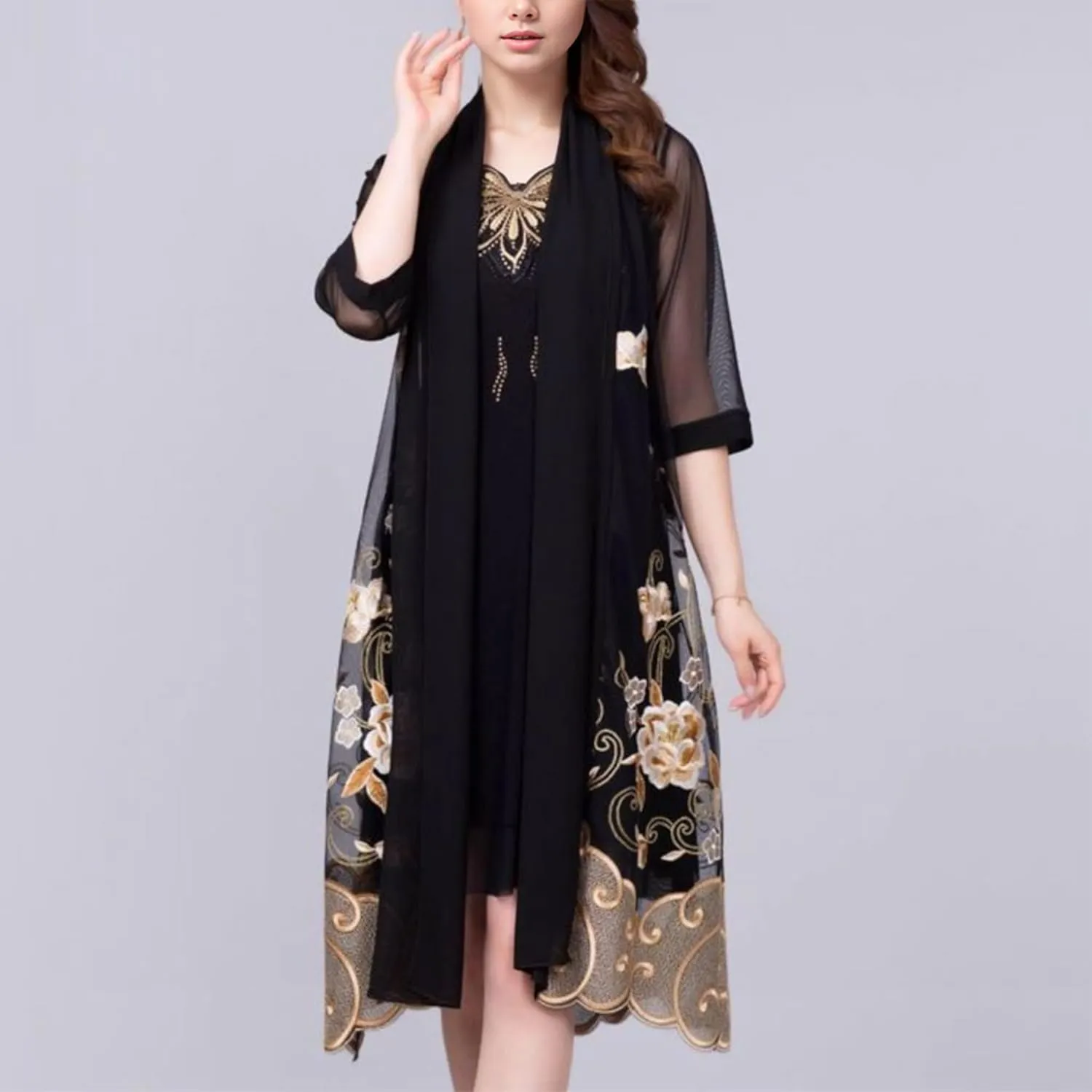 FindThy Women’s Floral Lace Embroidery Cardigan 3/4 Sleeve Sheer Mid-Long Coat Kimono Coverups