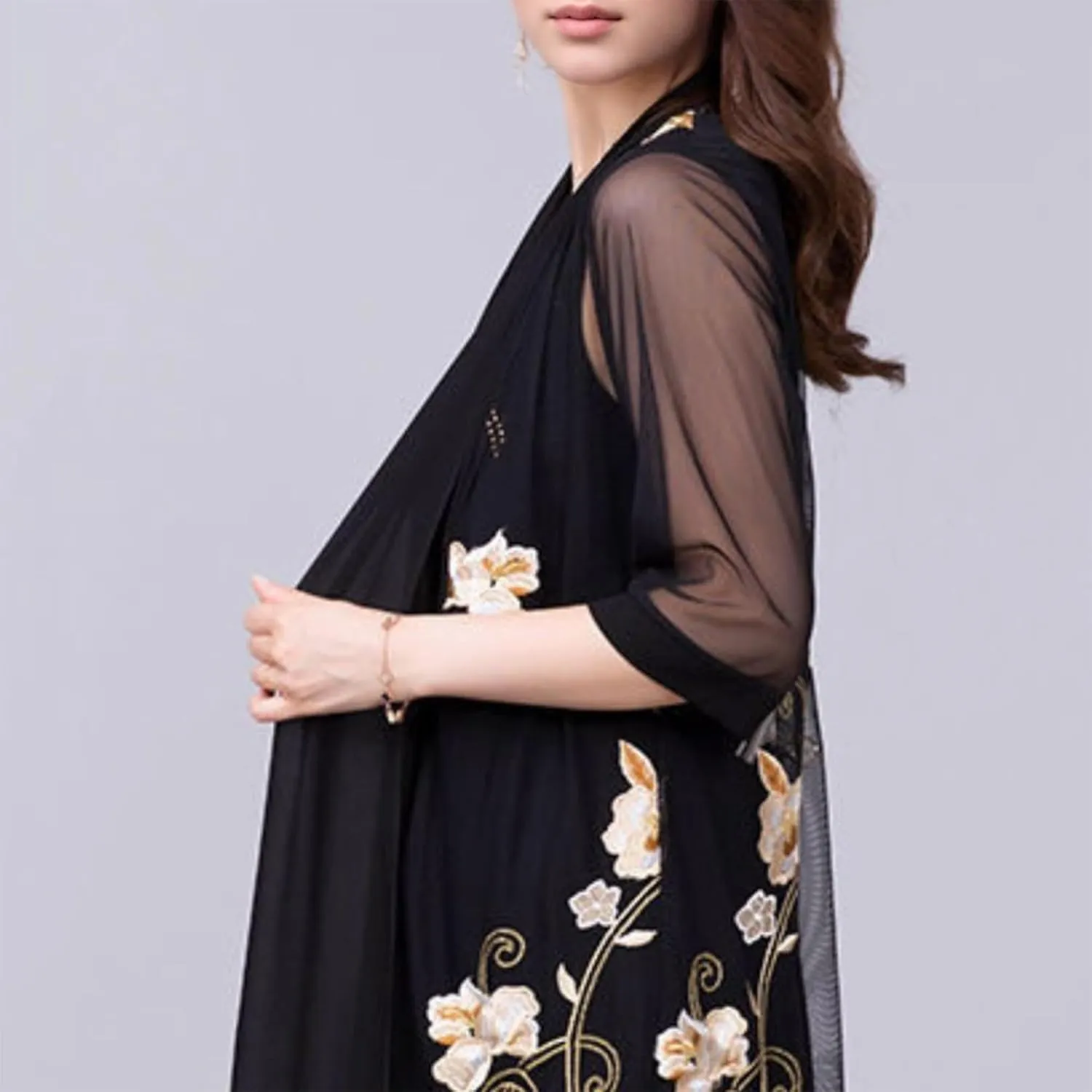 FindThy Women’s Floral Lace Embroidery Cardigan 3/4 Sleeve Sheer Mid-Long Coat Kimono Coverups