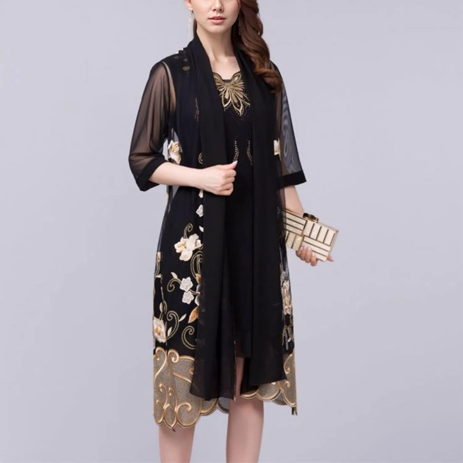 FindThy Women’s Floral Lace Embroidery Cardigan 3/4 Sleeve Sheer Mid-Long Coat Kimono Coverups