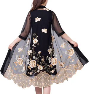 FindThy Women’s Floral Lace Embroidery Cardigan 3/4 Sleeve Sheer Mid-Long Coat Kimono Coverups