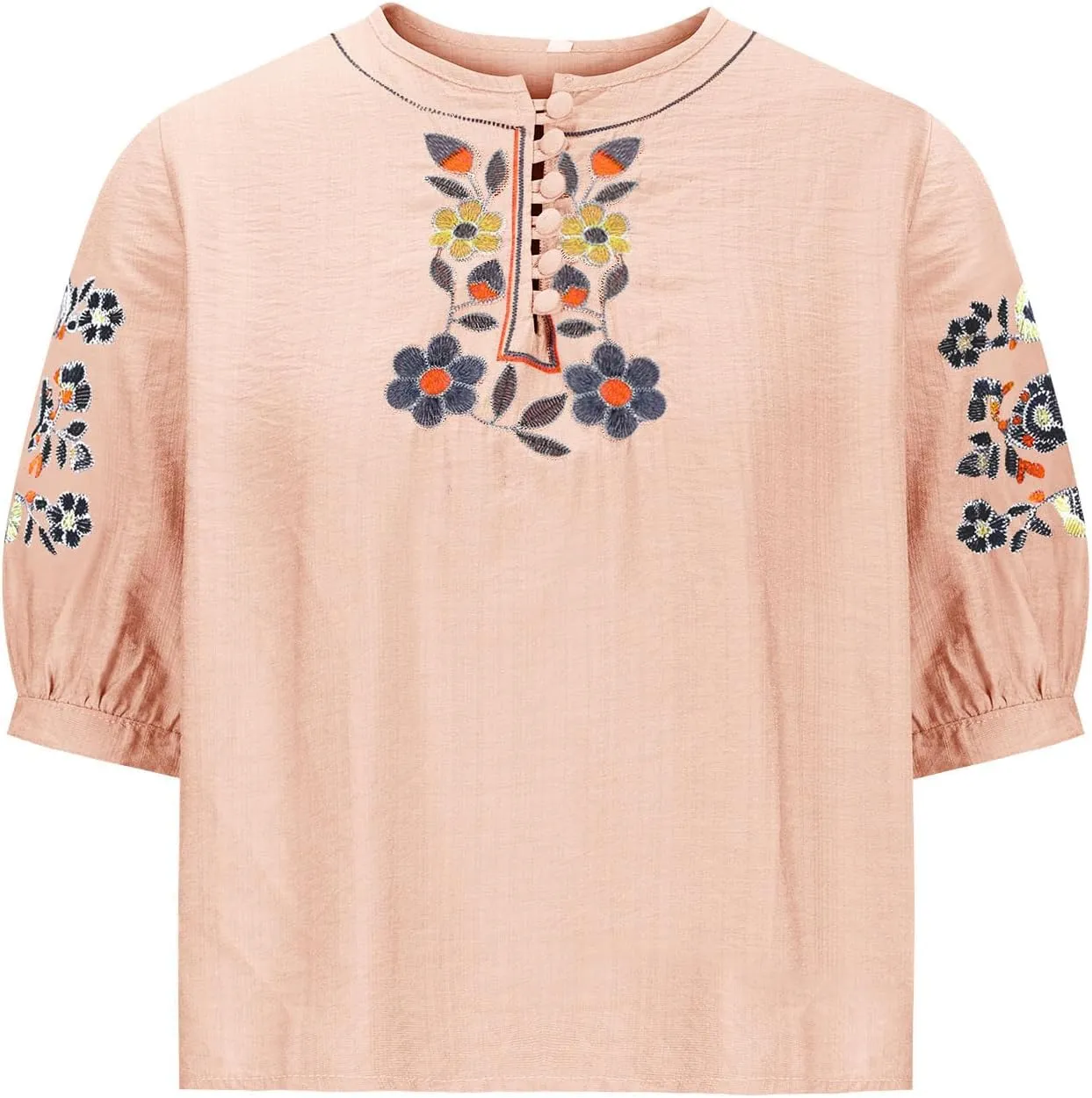 Floral Embroidery Top Cotton Linen Tee Boho Ethnic Style Peasant Shirt Summer Short Sleeve O-Neck Button Blouse Tunic