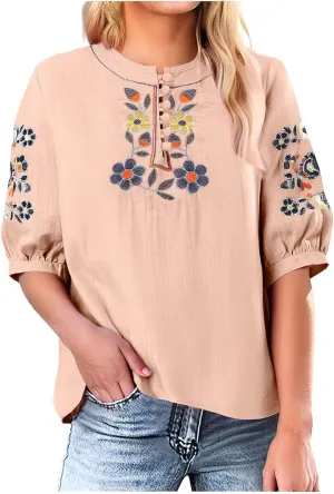 Floral Embroidery Top Cotton Linen Tee Boho Ethnic Style Peasant Shirt Summer Short Sleeve O-Neck Button Blouse Tunic