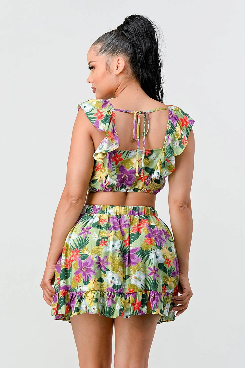 FLORAL RUFFLED SMOCKED CROP TOP AND SKIRT SETS