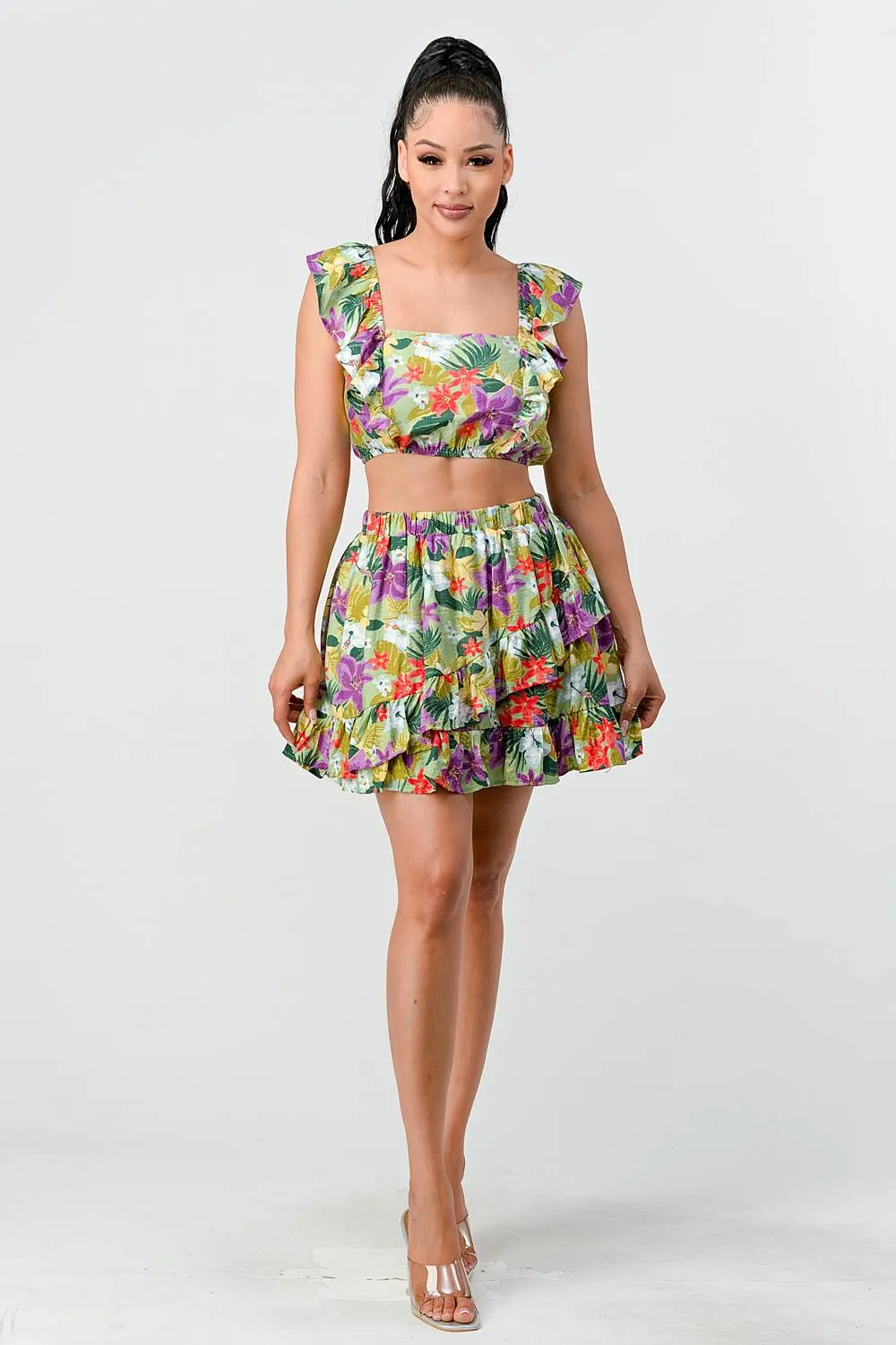 FLORAL RUFFLED SMOCKED CROP TOP AND SKIRT SETS