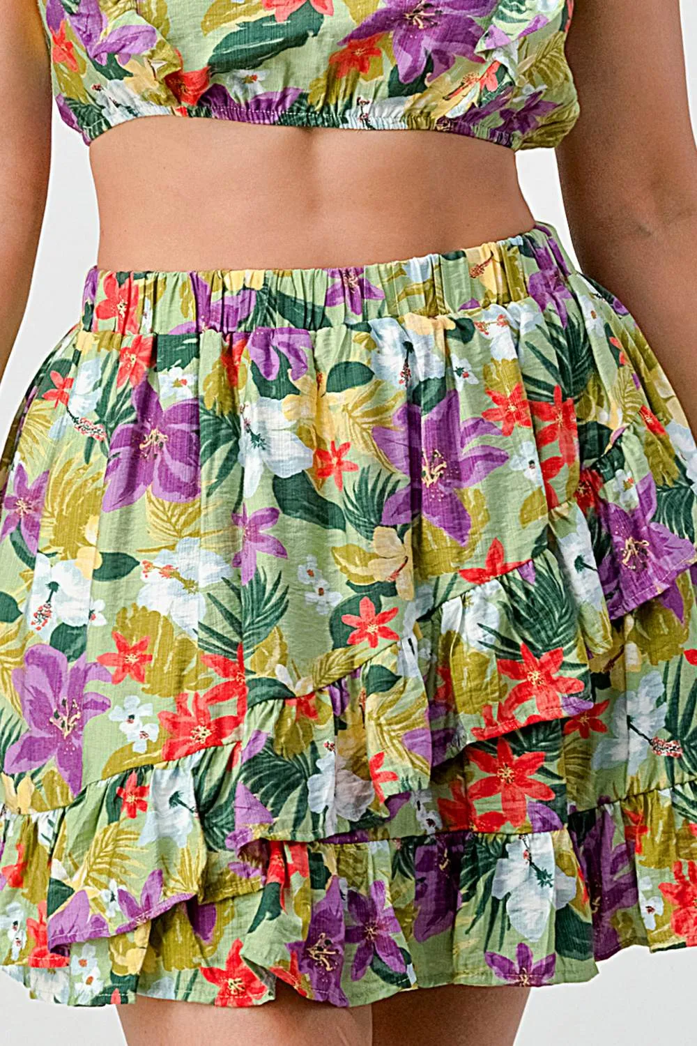 FLORAL RUFFLED SMOCKED CROP TOP AND SKIRT SETS
