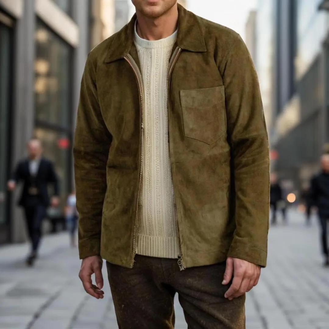 FMCHICO Men's Casual Suede Bomber Jacket Lightweight Full Zip Up Jackets Vintage Faux Leather Jacket