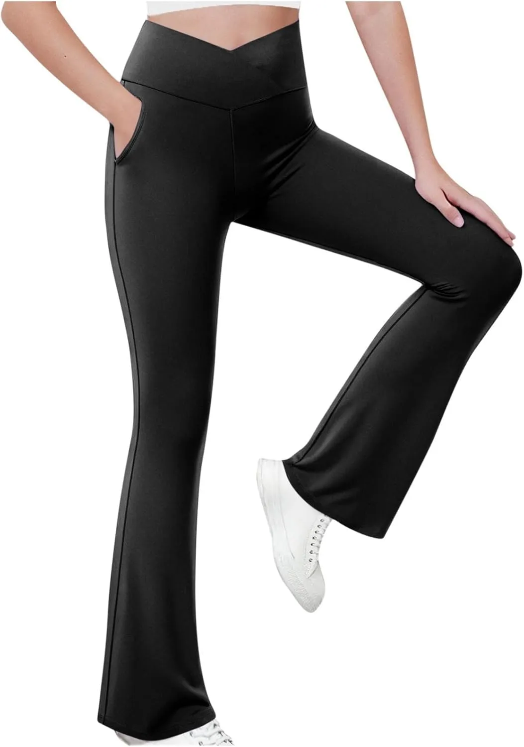 Girls Flare Leggings Cross High Waisted Yoga Pants Bootcut Leggings Kids Stretch Dance Bell Bottoms with Pockets Soft