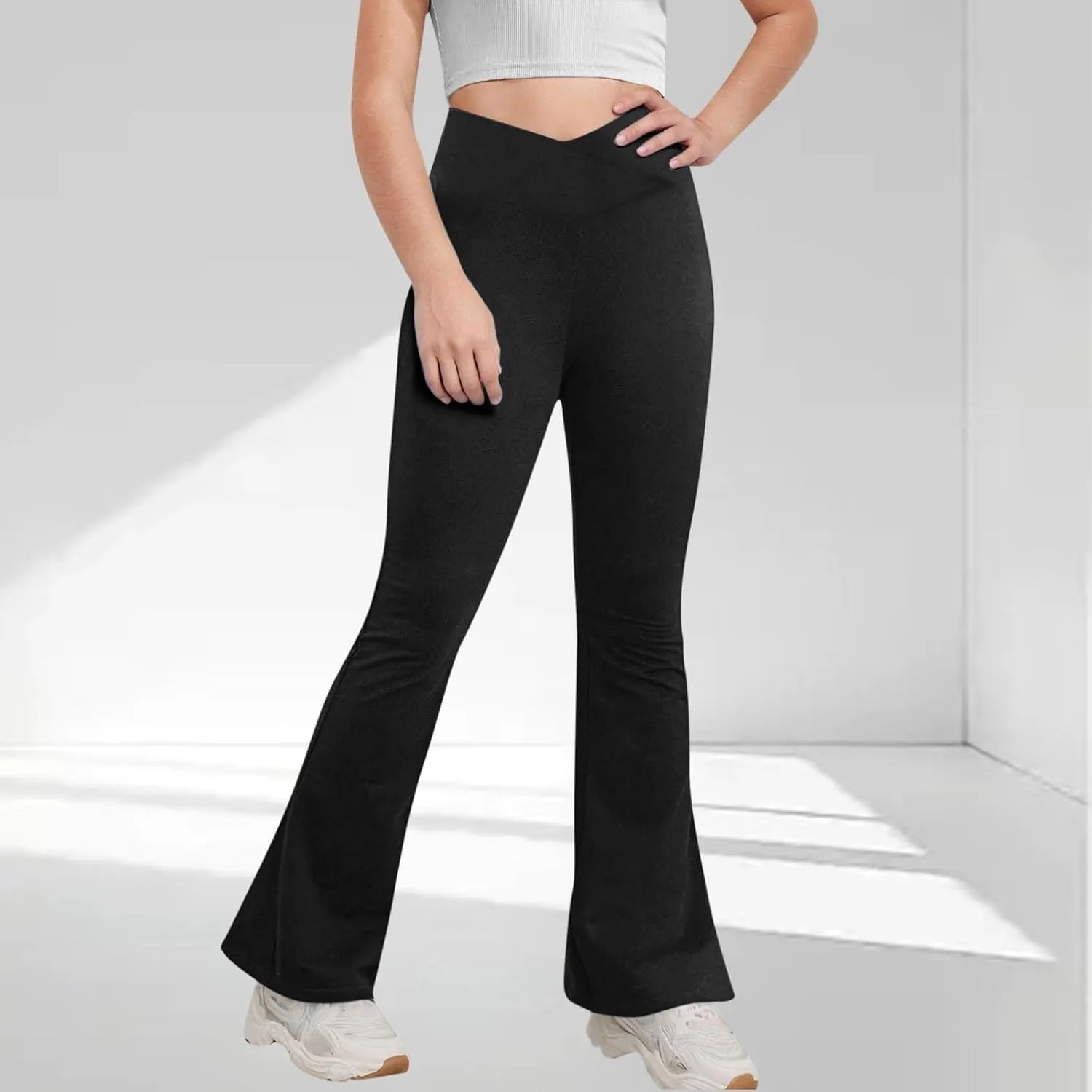 Girls Flare Leggings Cross High Waisted Yoga Pants Bootcut Leggings Kids Stretch Dance Bell Bottoms with Pockets Soft