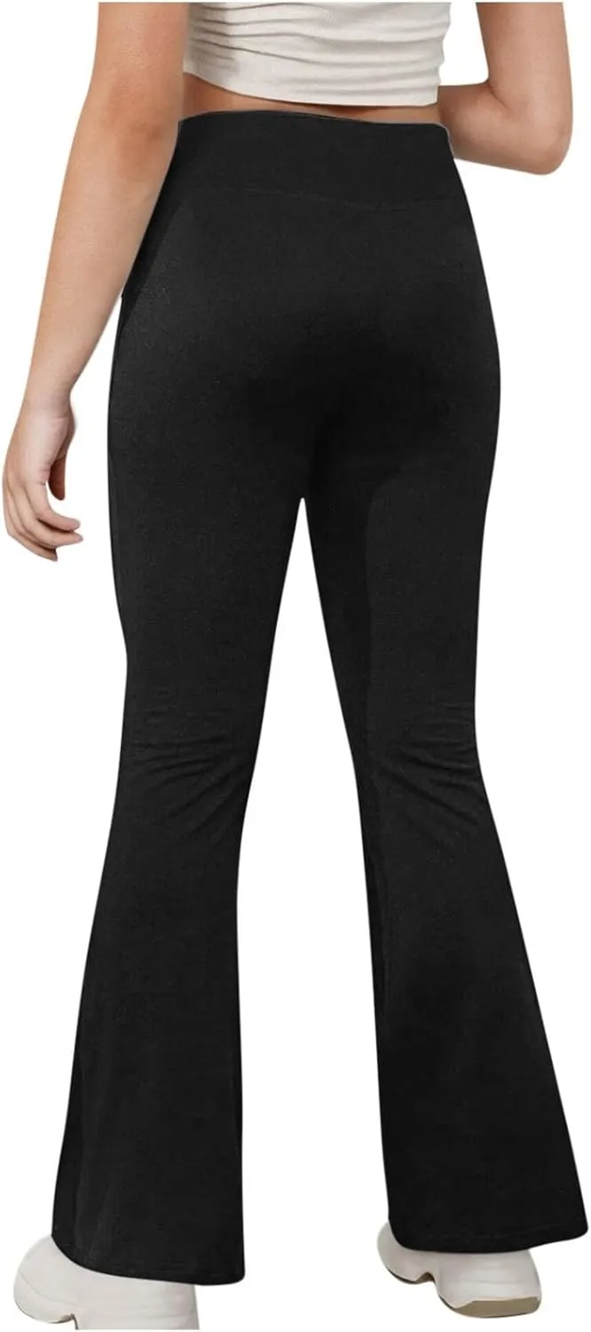 Girls Flare Leggings Cross High Waisted Yoga Pants Bootcut Leggings Kids Stretch Dance Bell Bottoms with Pockets Soft