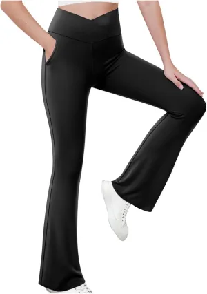 Girls Flare Leggings Cross High Waisted Yoga Pants Bootcut Leggings Kids Stretch Dance Bell Bottoms with Pockets Soft
