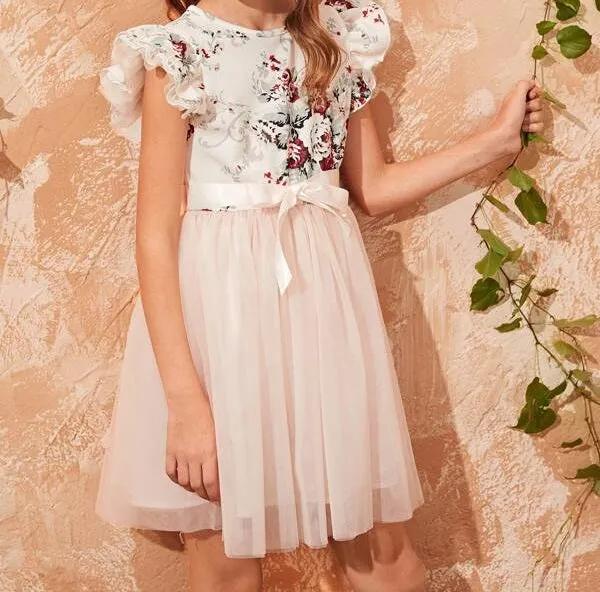 Girls Layered Ruffle Armhole Ribbon Belted Mesh Overlay Dress