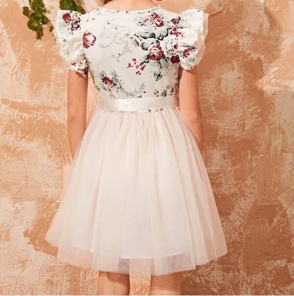 Girls Layered Ruffle Armhole Ribbon Belted Mesh Overlay Dress