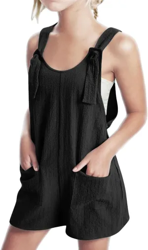 Girls Summer Casual Rompers Bib Short Overalls Loose Linen Jumpsuit Beach Outfits Travel Vacation Clothes