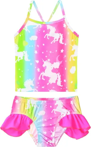 Girls Tankini Swimsuit Two Piece Bathing Suits Set Spaghetti Straps with Ruffled Hem Summer UPF 50  Bikini Swimwear