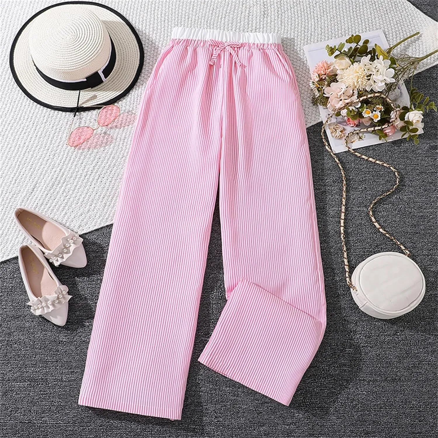 Girls Wide Leg Pants Linen with Pockets Flowy High Waisted Loose Trousers Casual for Kids 6-12Y