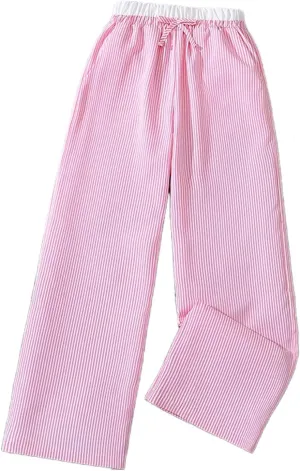 Girls Wide Leg Pants Linen with Pockets Flowy High Waisted Loose Trousers Casual for Kids 6-12Y