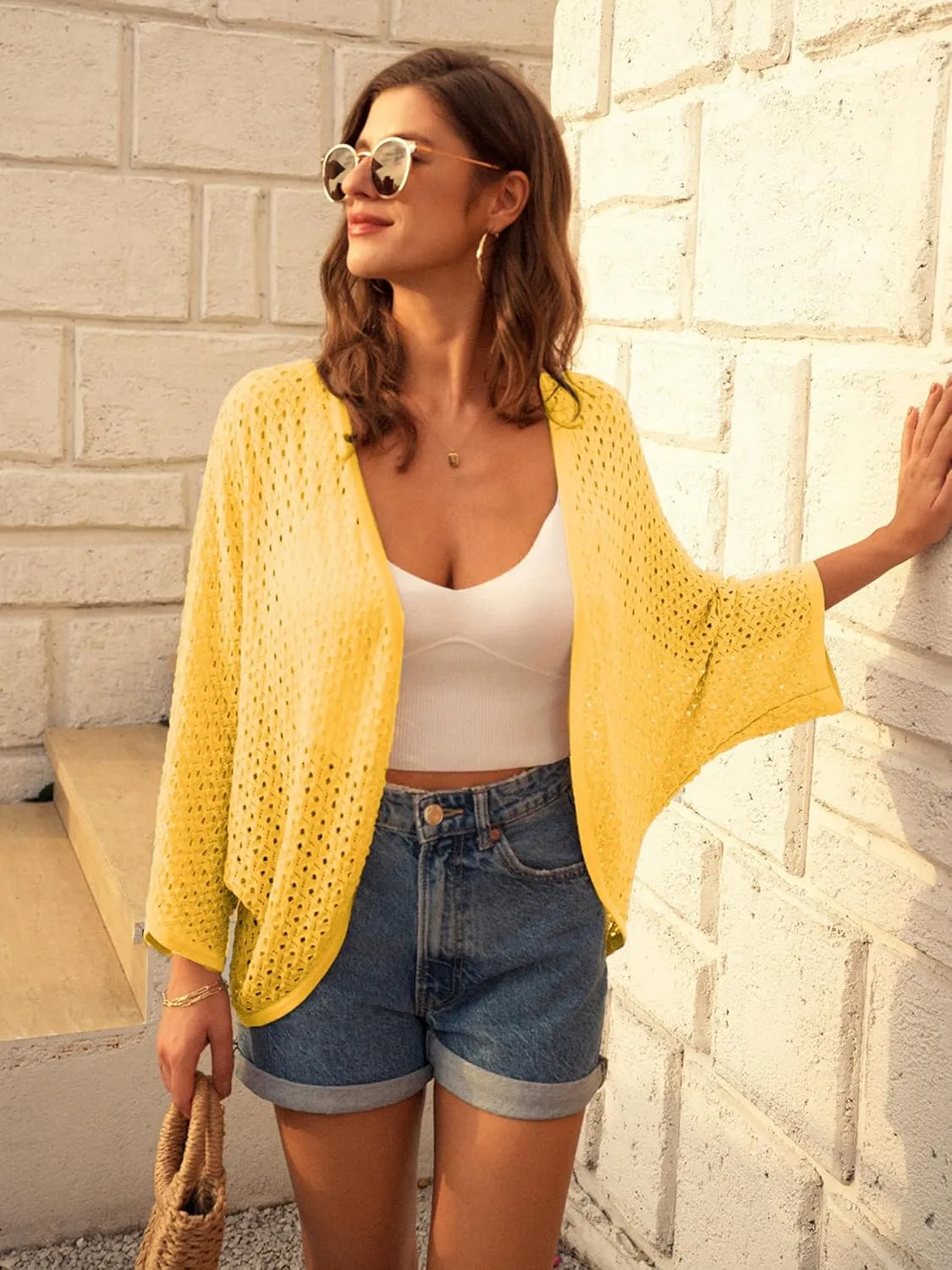 GRACE KARIN Open Front 3/4 Sleeve Batwing Cardigan for Women Lightweight Crochet Summer Cardigan Hollow-Out Cover Ups