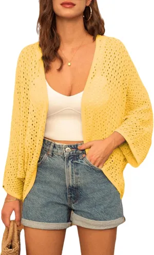 GRACE KARIN Open Front 3/4 Sleeve Batwing Cardigan for Women Lightweight Crochet Summer Cardigan Hollow-Out Cover Ups