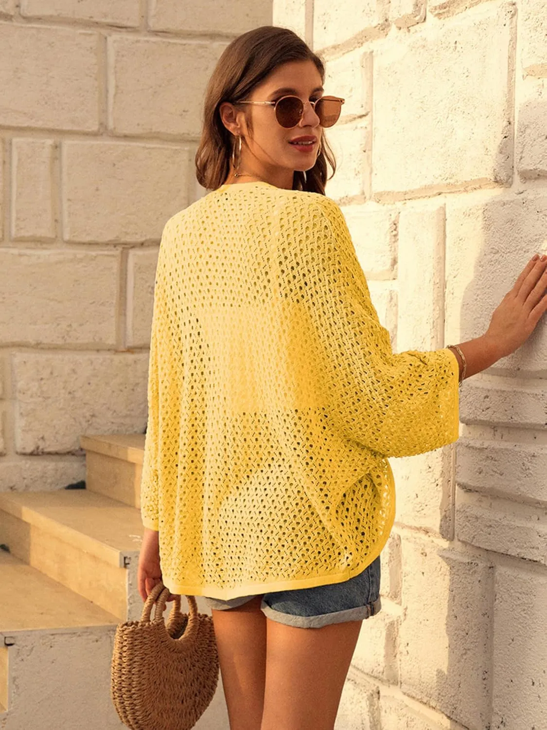 GRACE KARIN Open Front 3/4 Sleeve Batwing Cardigan for Women Lightweight Crochet Summer Cardigan Hollow-Out Cover Ups