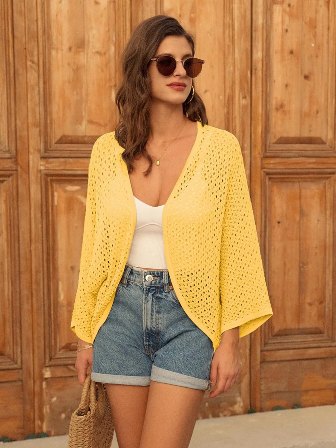 GRACE KARIN Open Front 3/4 Sleeve Batwing Cardigan for Women Lightweight Crochet Summer Cardigan Hollow-Out Cover Ups