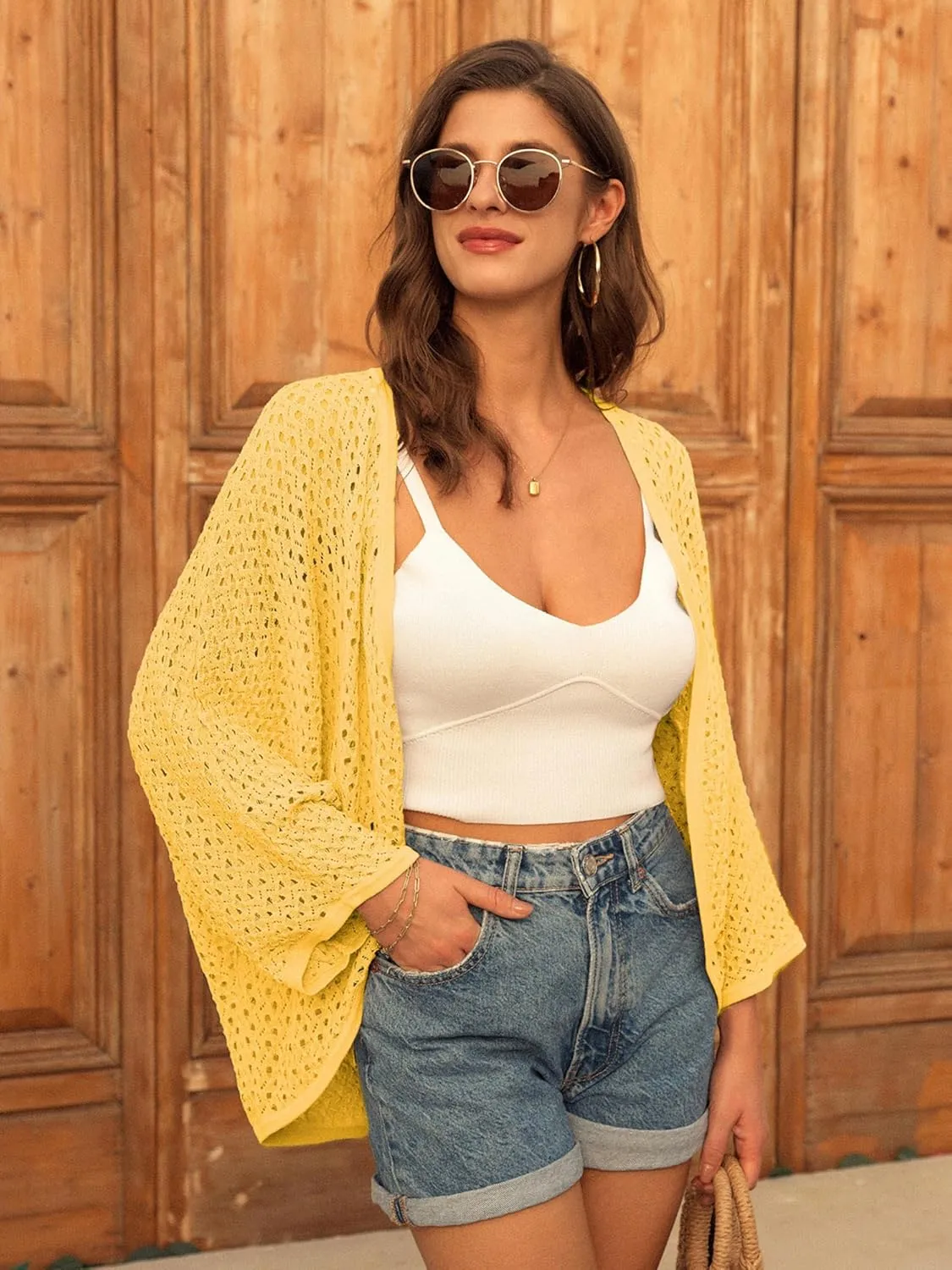 GRACE KARIN Open Front 3/4 Sleeve Batwing Cardigan for Women Lightweight Crochet Summer Cardigan Hollow-Out Cover Ups