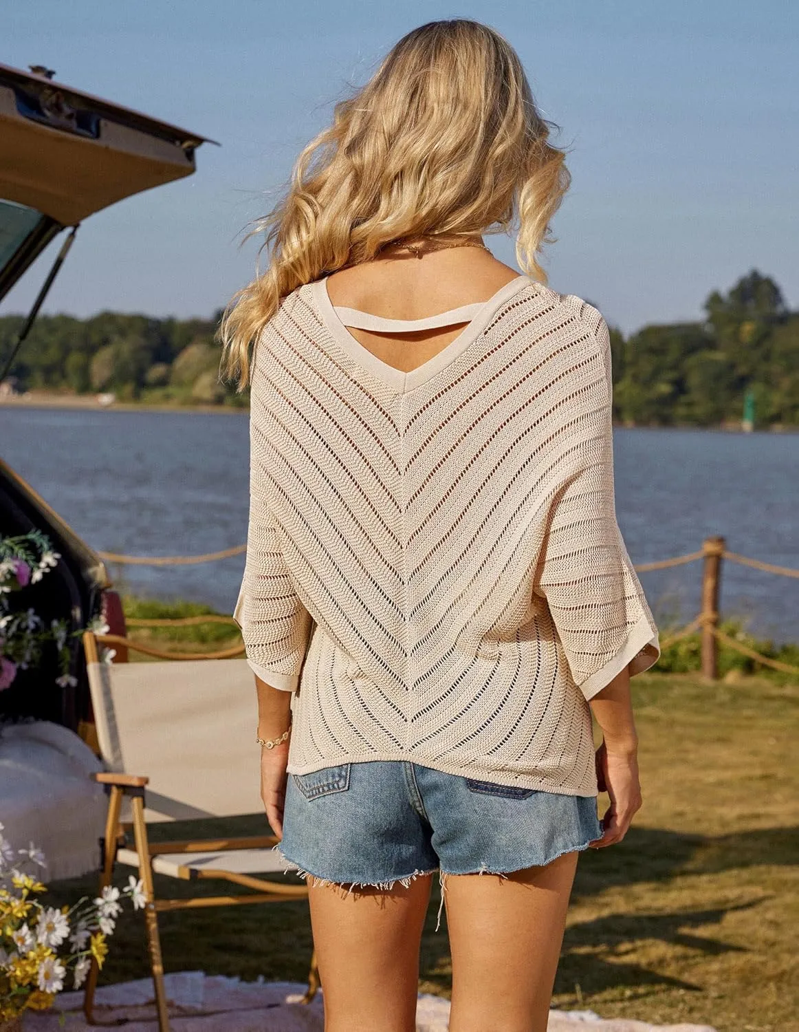 GRACE KARIN Women Summer Casual 3/4 Batwing Sleeve Pullover Sweater V Neck Loose Hollowed-Out Tie Front Knit Blouses