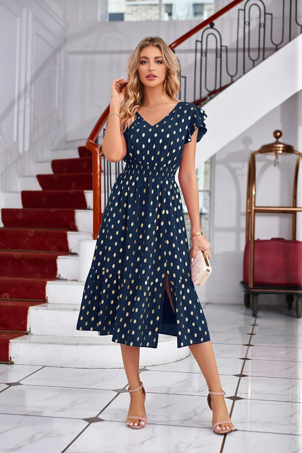 GRACE KARIN Women's V Neck Ruffle Sleeve Summer Dress 2025 Split Flowy Tiered Midi Dress Wedding Guest Cocktail Dresses