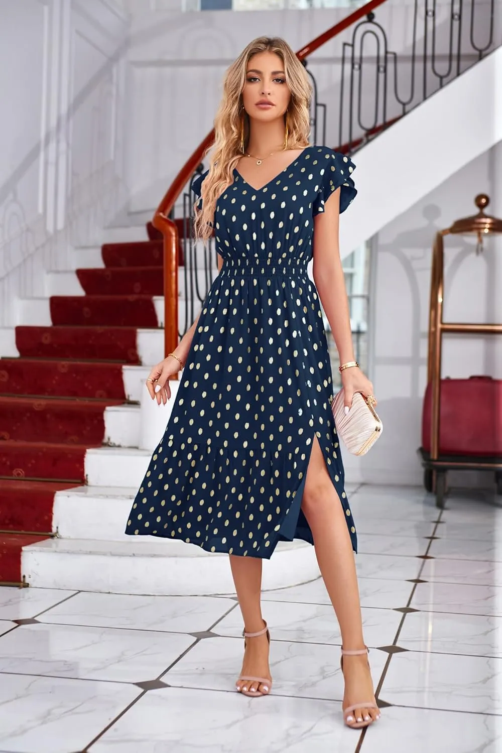 GRACE KARIN Women's V Neck Ruffle Sleeve Summer Dress 2025 Split Flowy Tiered Midi Dress Wedding Guest Cocktail Dresses