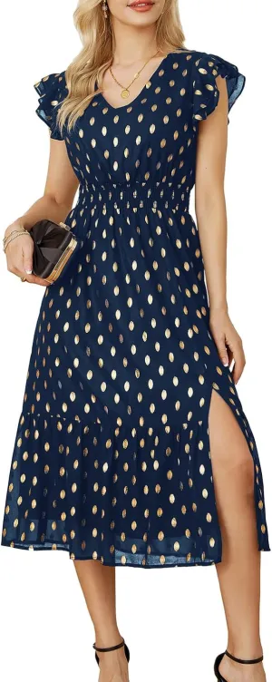 GRACE KARIN Women's V Neck Ruffle Sleeve Summer Dress 2025 Split Flowy Tiered Midi Dress Wedding Guest Cocktail Dresses