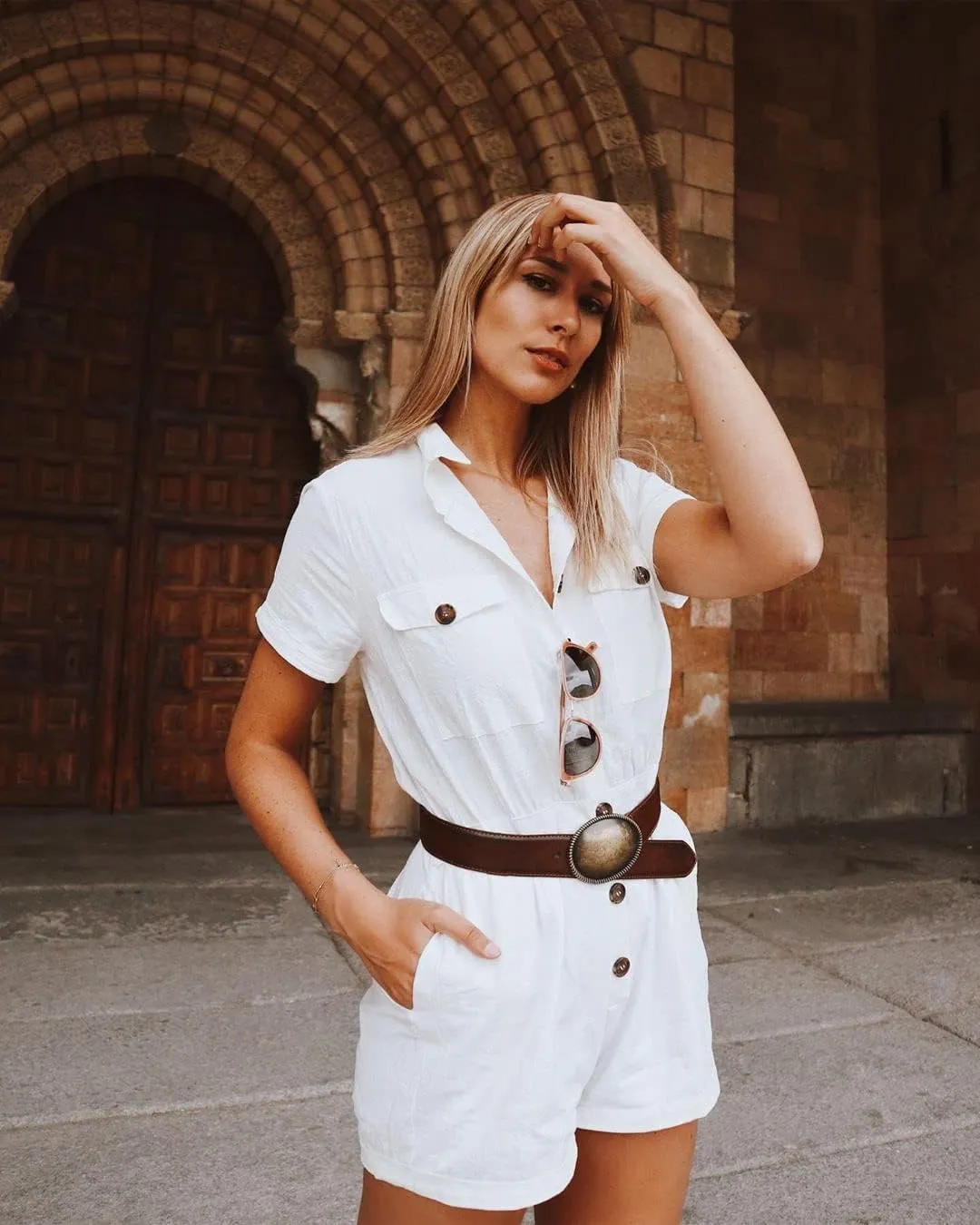 GRAPENT Women's Summer Short Sleeve Button Down Pockets Belted Jumpsuits Rompers