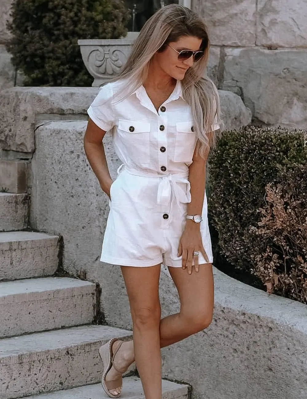 GRAPENT Women's Summer Short Sleeve Button Down Pockets Belted Jumpsuits Rompers