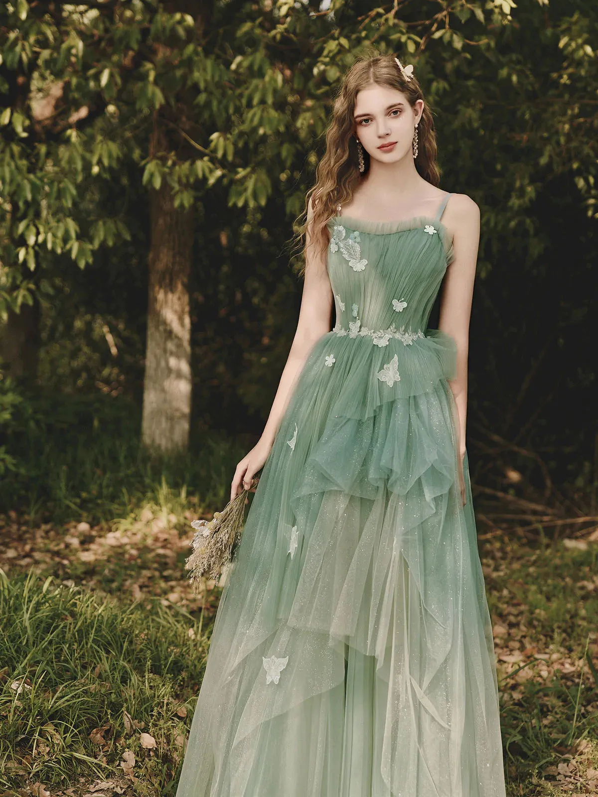Green Tulle Floral High Low Prom Dresses, Green Tulle Floral High Low Formal Evening Dresses