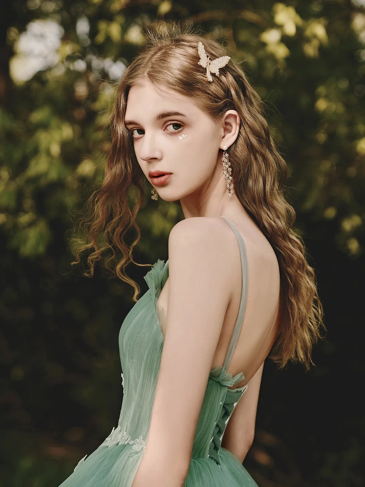 Green Tulle Floral High Low Prom Dresses, Green Tulle Floral High Low Formal Evening Dresses