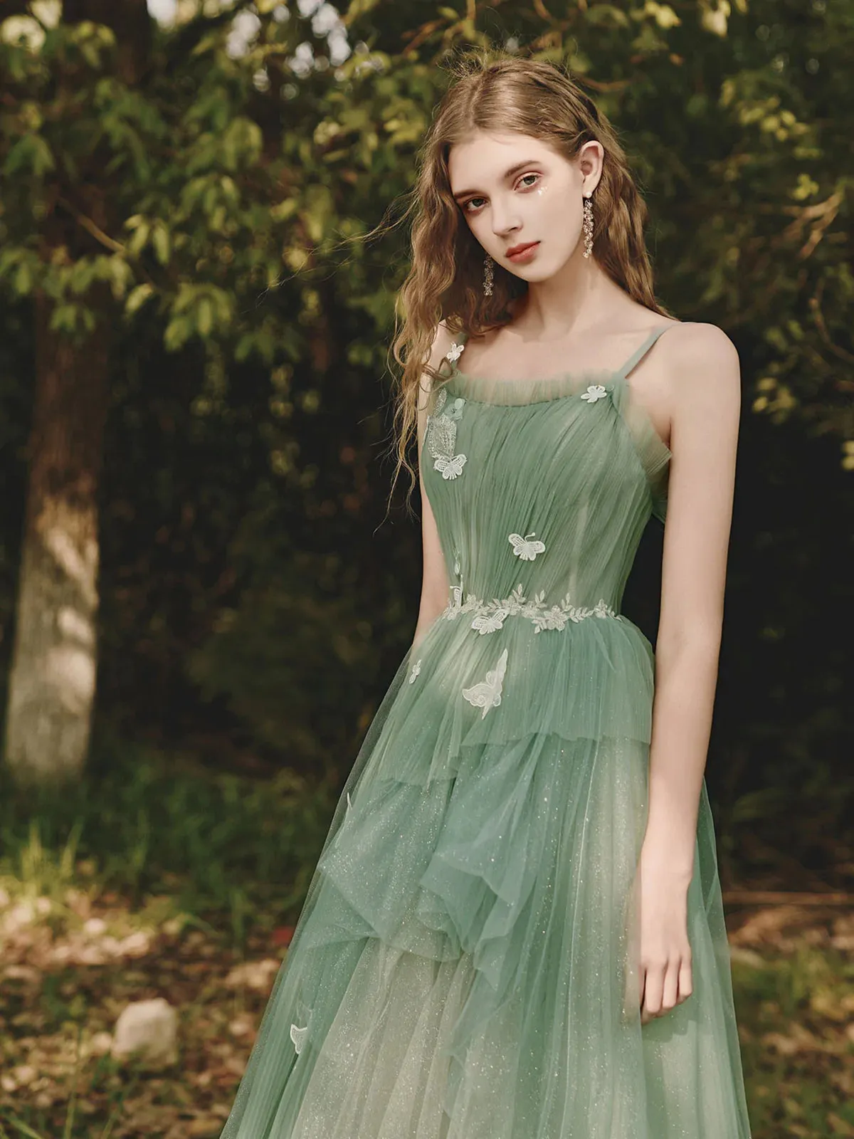 Green Tulle Floral High Low Prom Dresses, Green Tulle Floral High Low Formal Evening Dresses