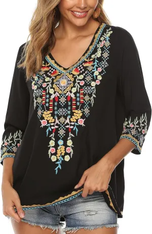 Grosy Womens Casual Summer Tops, Hippie Clothes, Traditional Floral Embroidered Boho Shirt, Mexican Peasant Blouses for Women