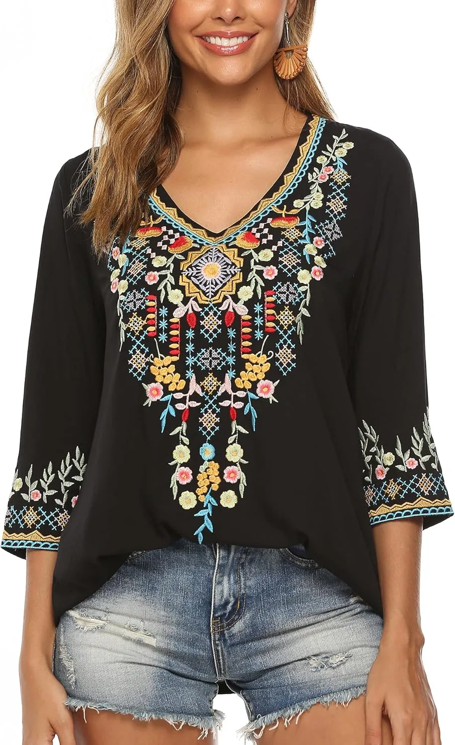 Grosy Womens Casual Summer Tops, Hippie Clothes, Traditional Floral Embroidered Boho Shirt, Mexican Peasant Blouses for Women