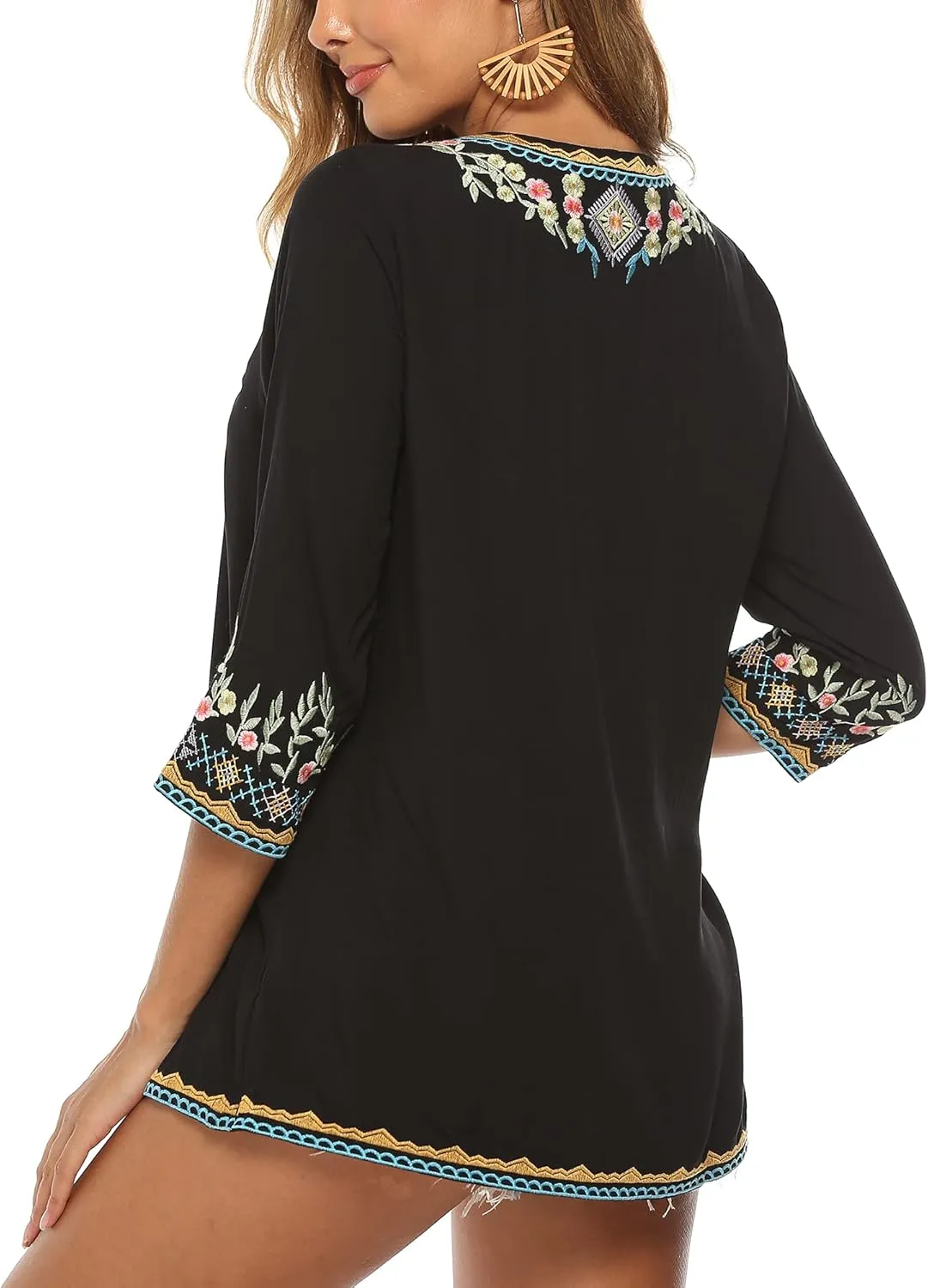 Grosy Womens Casual Summer Tops, Hippie Clothes, Traditional Floral Embroidered Boho Shirt, Mexican Peasant Blouses for Women