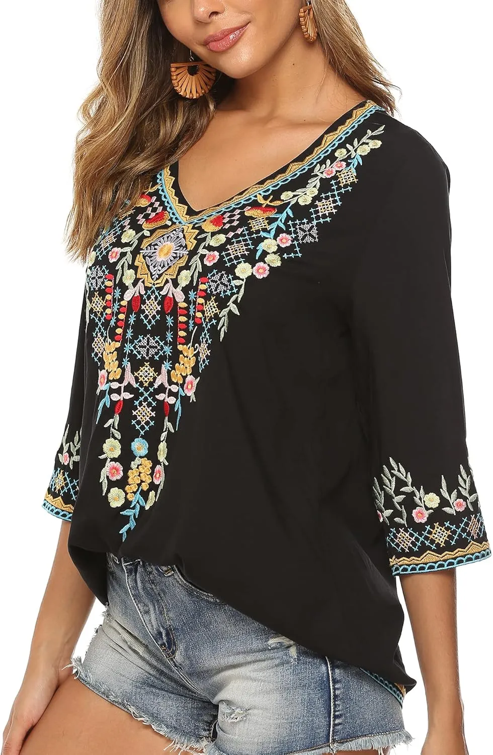 Grosy Womens Casual Summer Tops, Hippie Clothes, Traditional Floral Embroidered Boho Shirt, Mexican Peasant Blouses for Women