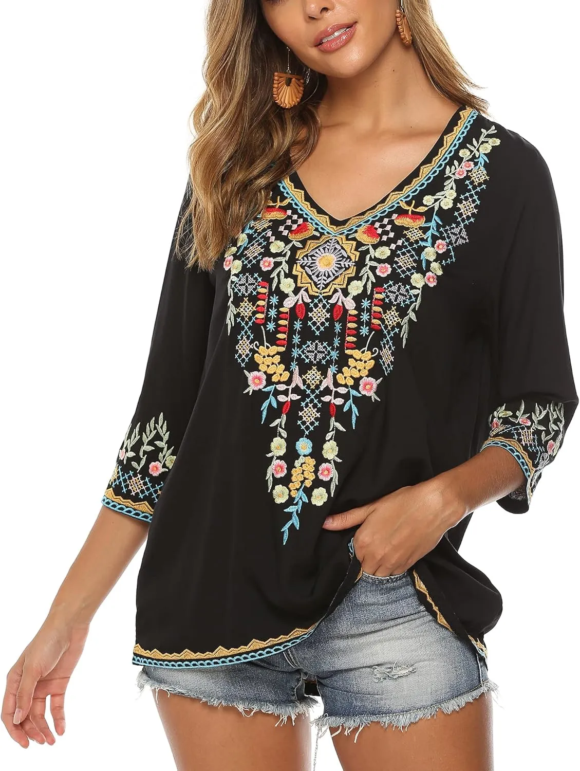 Grosy Womens Casual Summer Tops, Hippie Clothes, Traditional Floral Embroidered Boho Shirt, Mexican Peasant Blouses for Women