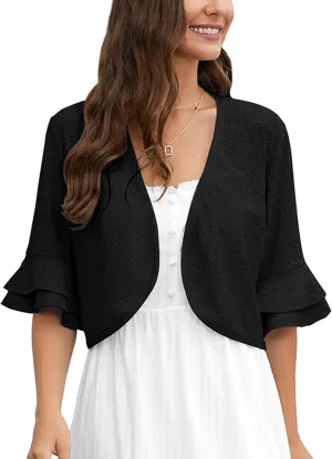 Heymoments Women's Summer Shrugs Ruffled Hem Open Front Crochet Lightweight dressy Cardigan for Dresses