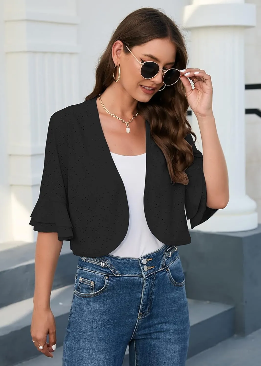 Heymoments Women's Summer Shrugs Ruffled Hem Open Front Crochet Lightweight dressy Cardigan for Dresses