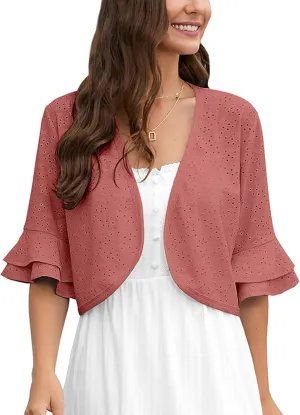 Heymoments Women's Summer Shrugs Ruffled Hem Open Front Crochet Lightweight dressy Cardigan for Dresses