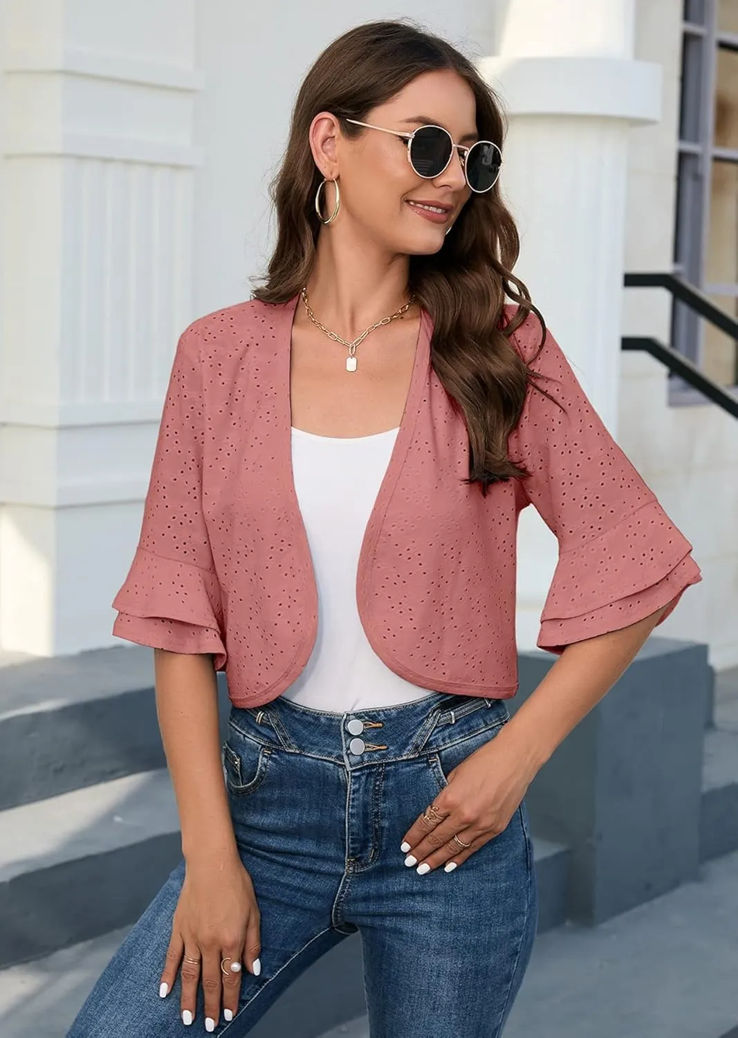Heymoments Women's Summer Shrugs Ruffled Hem Open Front Crochet Lightweight dressy Cardigan for Dresses