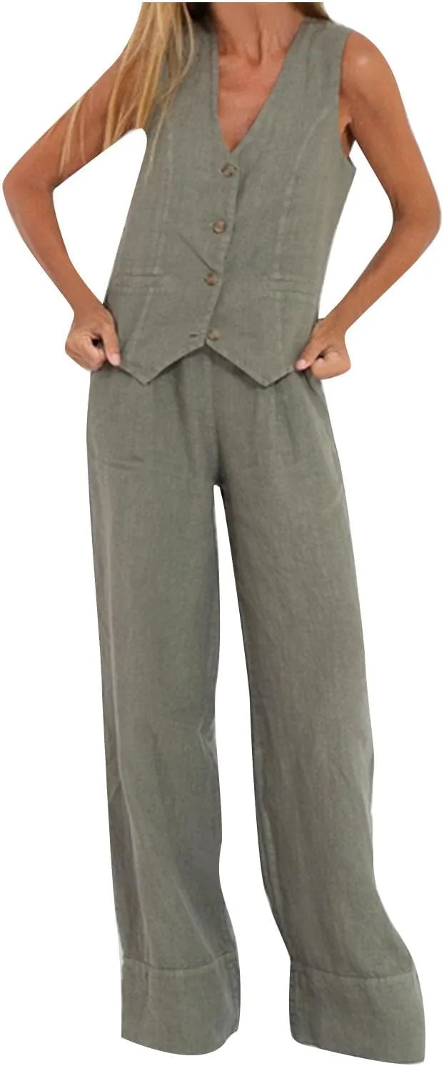 HGps8w Women's Cotton Linen 2 Piece Outfits Sleeveless V Neck Blazer Vest & High Waisted Pants Summer Business Work Sets