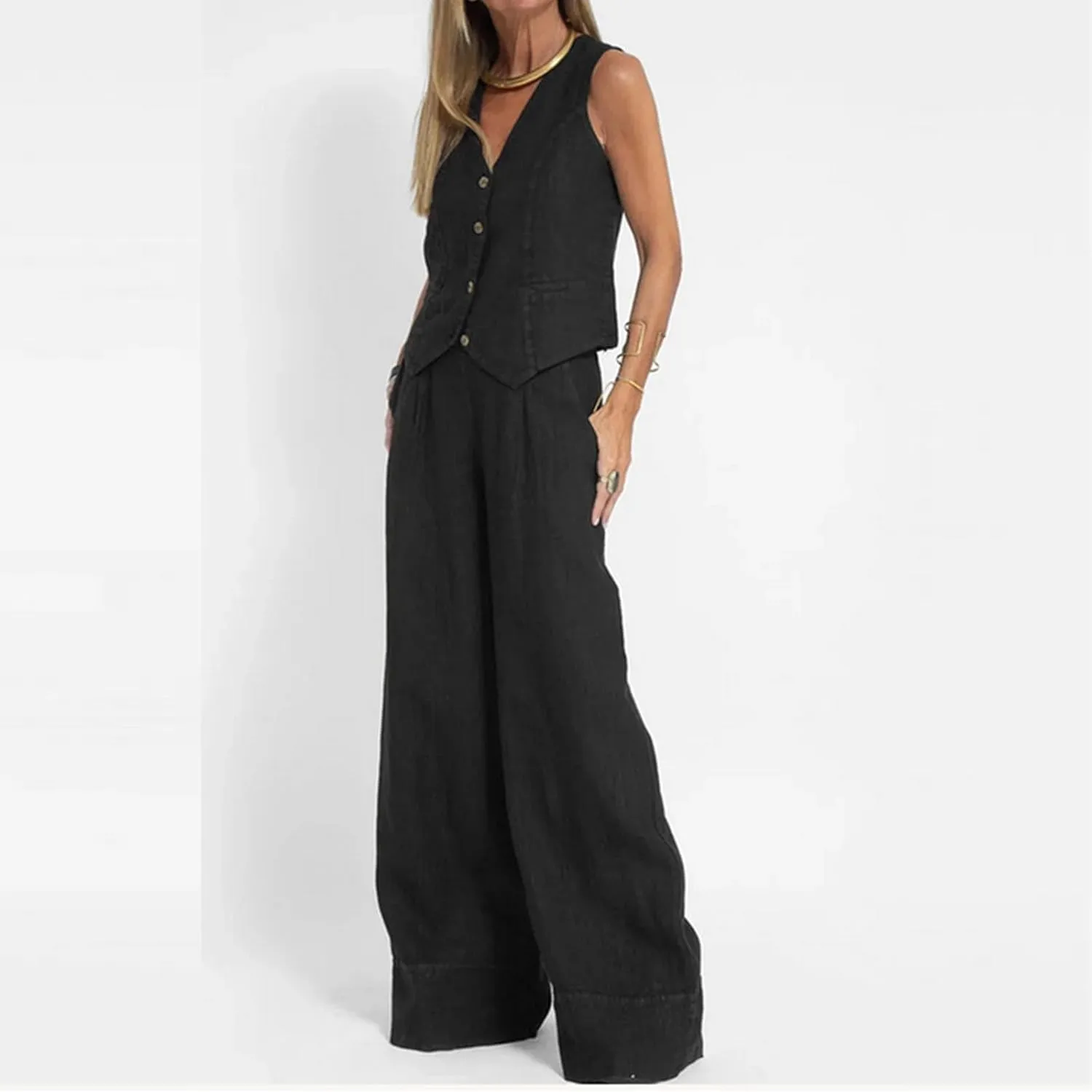 HGps8w Women's Cotton Linen 2 Piece Outfits Sleeveless V Neck Blazer Vest & High Waisted Pants Summer Business Work Sets