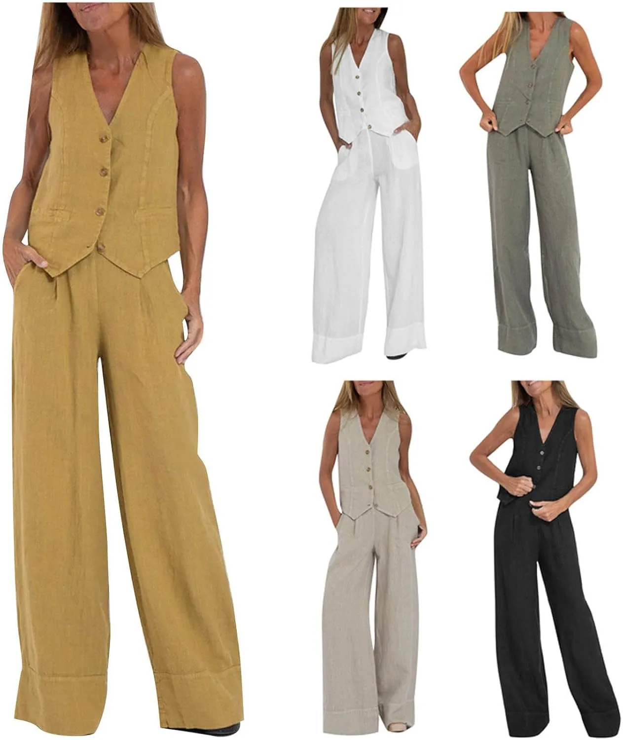HGps8w Women's Cotton Linen 2 Piece Outfits Sleeveless V Neck Blazer Vest & High Waisted Pants Summer Business Work Sets